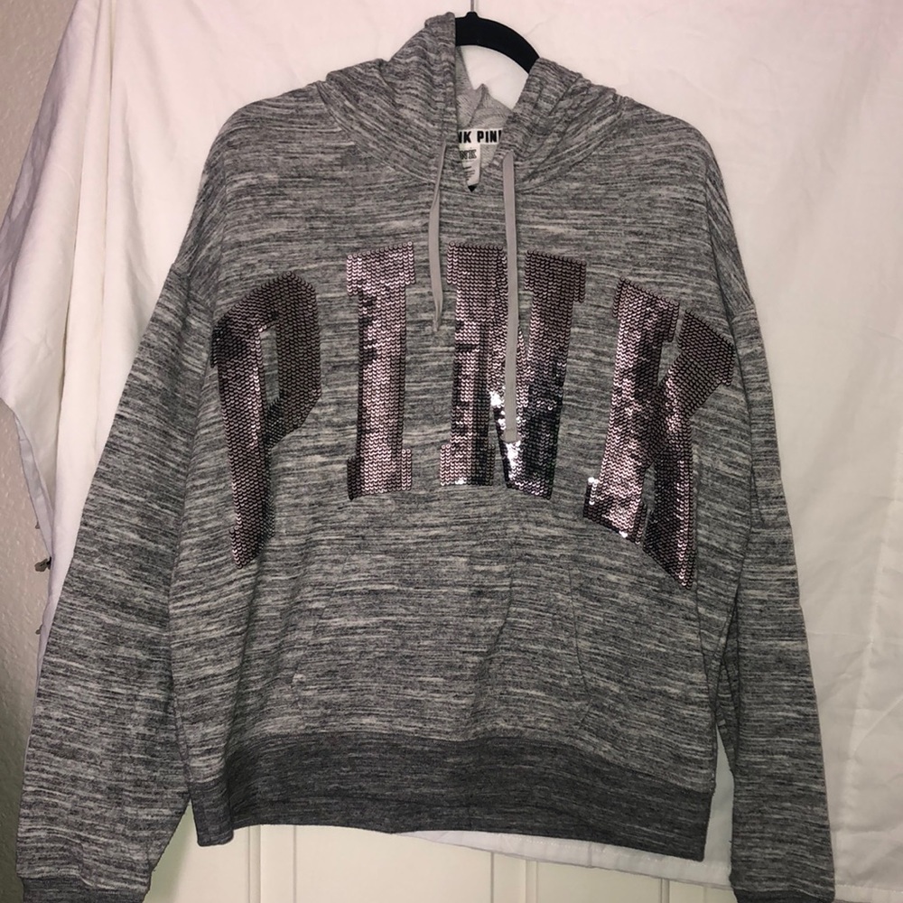 Victoria’s Secret PINK grey/black pullover & sweat pants sequin set, size M/L